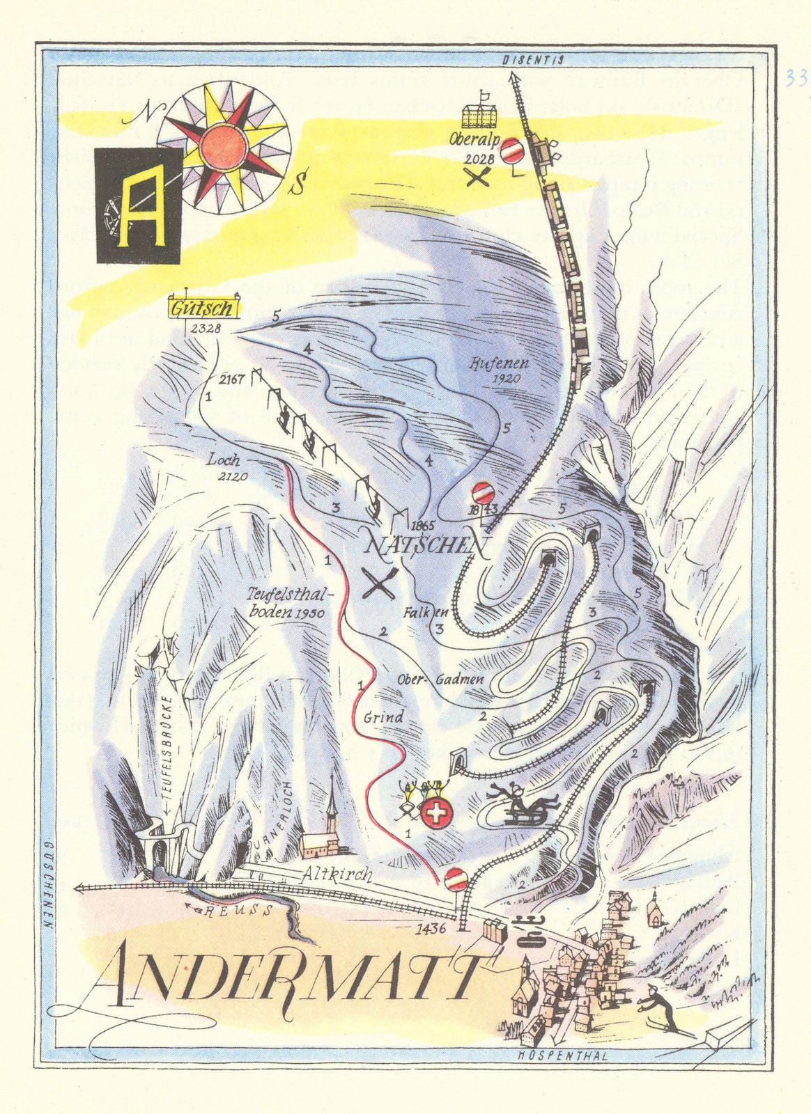 Andermatt small ski resort piste/trail map by Otto Müller. Switzerland 1949